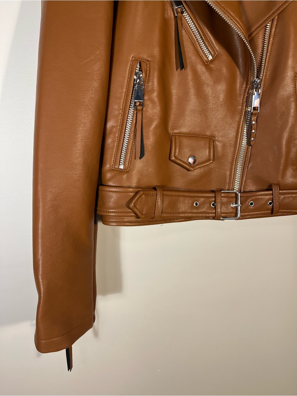 Rebecca Minkoff Women's Cognac Brown Vegan Leather Moto Jacket S - Picture 4 of 12